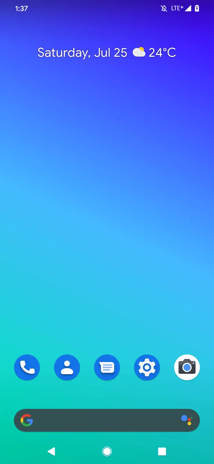 The Android 10 home screen: a blue gradient wallpaper, the date and weather at the top, five app icons, the Google search bar and the three-button navigation bar