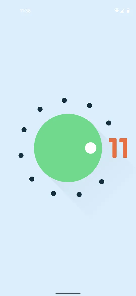 The Android 11 Easter egg: a green dial with a white knob, surrounded by eleven dots, with an orange number 11 beside it, on a light blue background