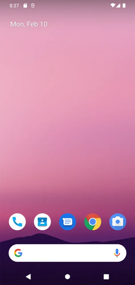 A phone home screen with a pink and purple wallpaper, the date at the top left, five app icons in the dock and a Google search bar below them