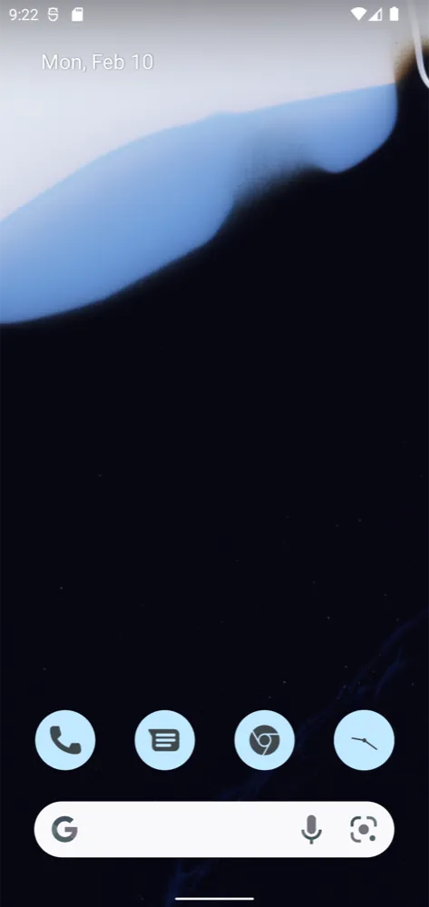 A phone home screen on 12L with a dark wallpaper, the date at the top left, four app icons tinted light blue in the dock and a search bar below them