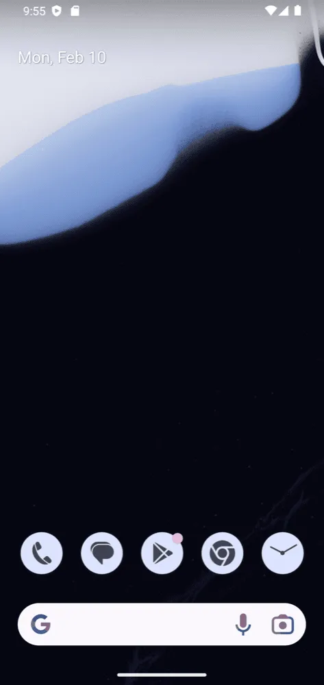 A phone home screen with a dark wallpaper and a pale blue wave at the top, the date at the top left, five round app icons in the dock and a Google search bar below them