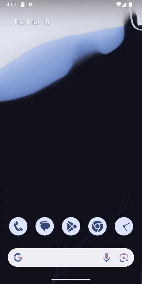 A phone home screen with a dark wallpaper fading to pale blue at the top, the date at the top left, five round app icons in the dock and a Google search bar below them