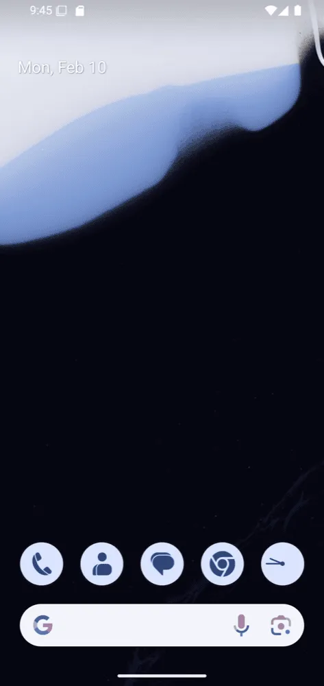 A phone home screen with a dark wallpaper and a pale blue wave at the top, the date at the top left, five round app icons in the dock and a Google search bar below them