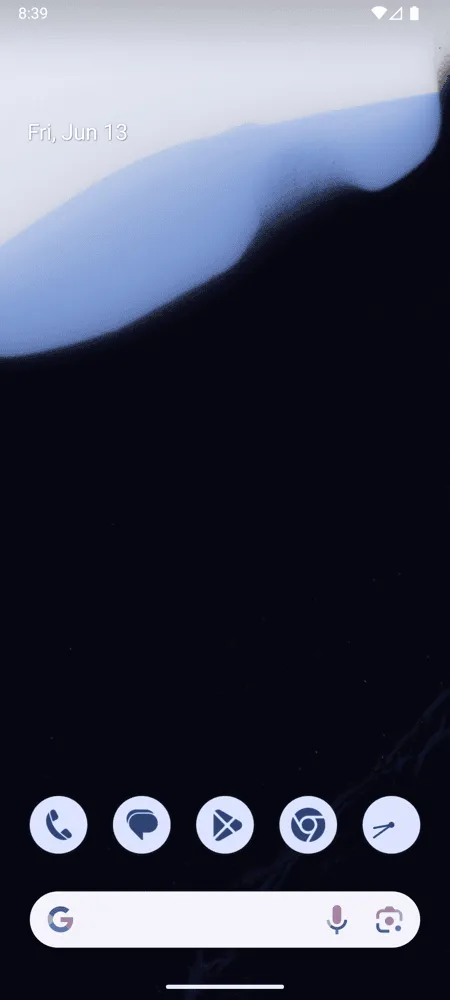 A phone home screen with a dark wallpaper and a pale blue wave at the top, the date at the top left, five round app icons in the dock and a Google search bar below them