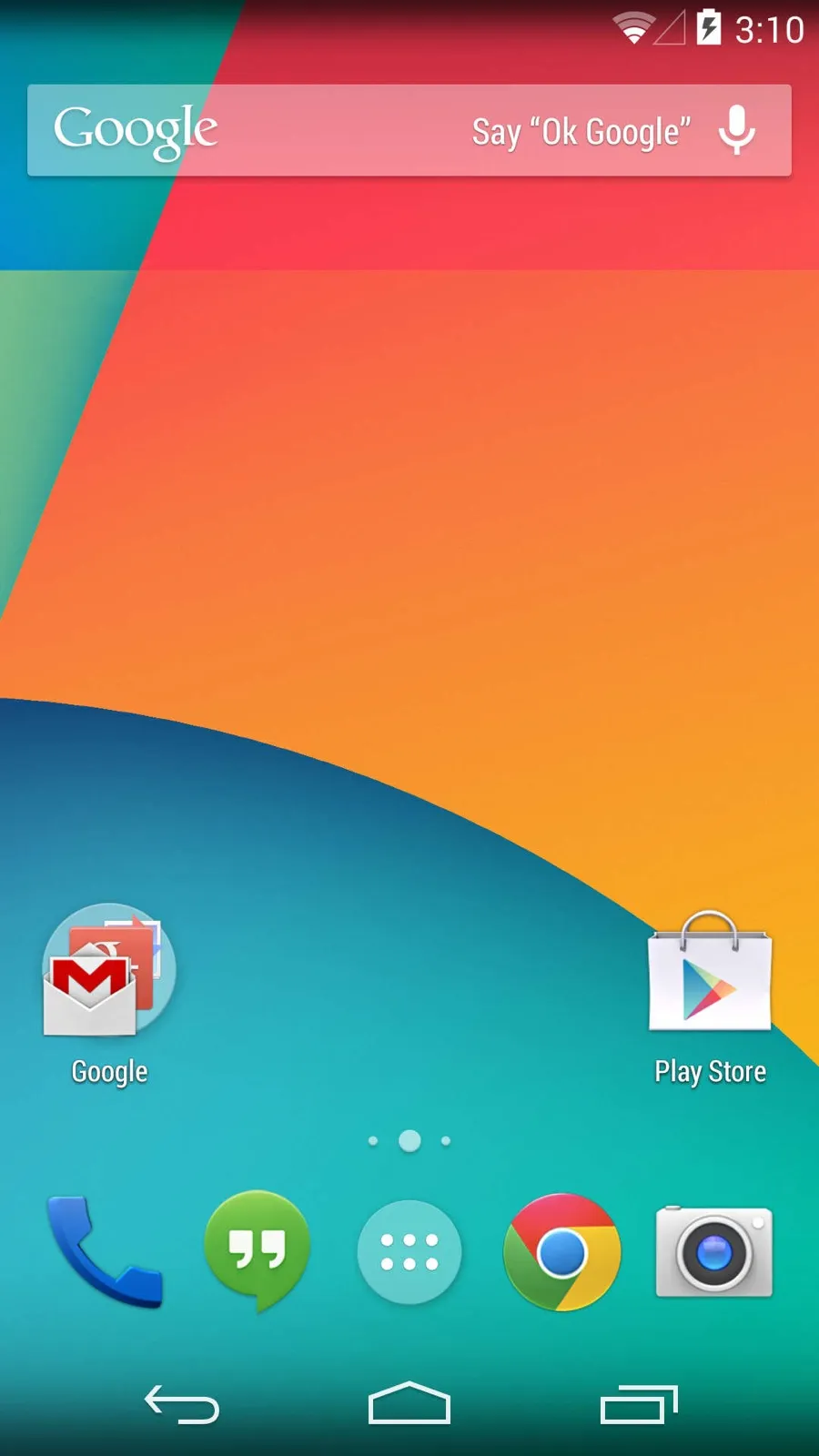 The Nexus 5 home screen on Android 4.4.2, with see-through status and navigation bars over the wallpaper, white status icons, and Hangouts in the dock