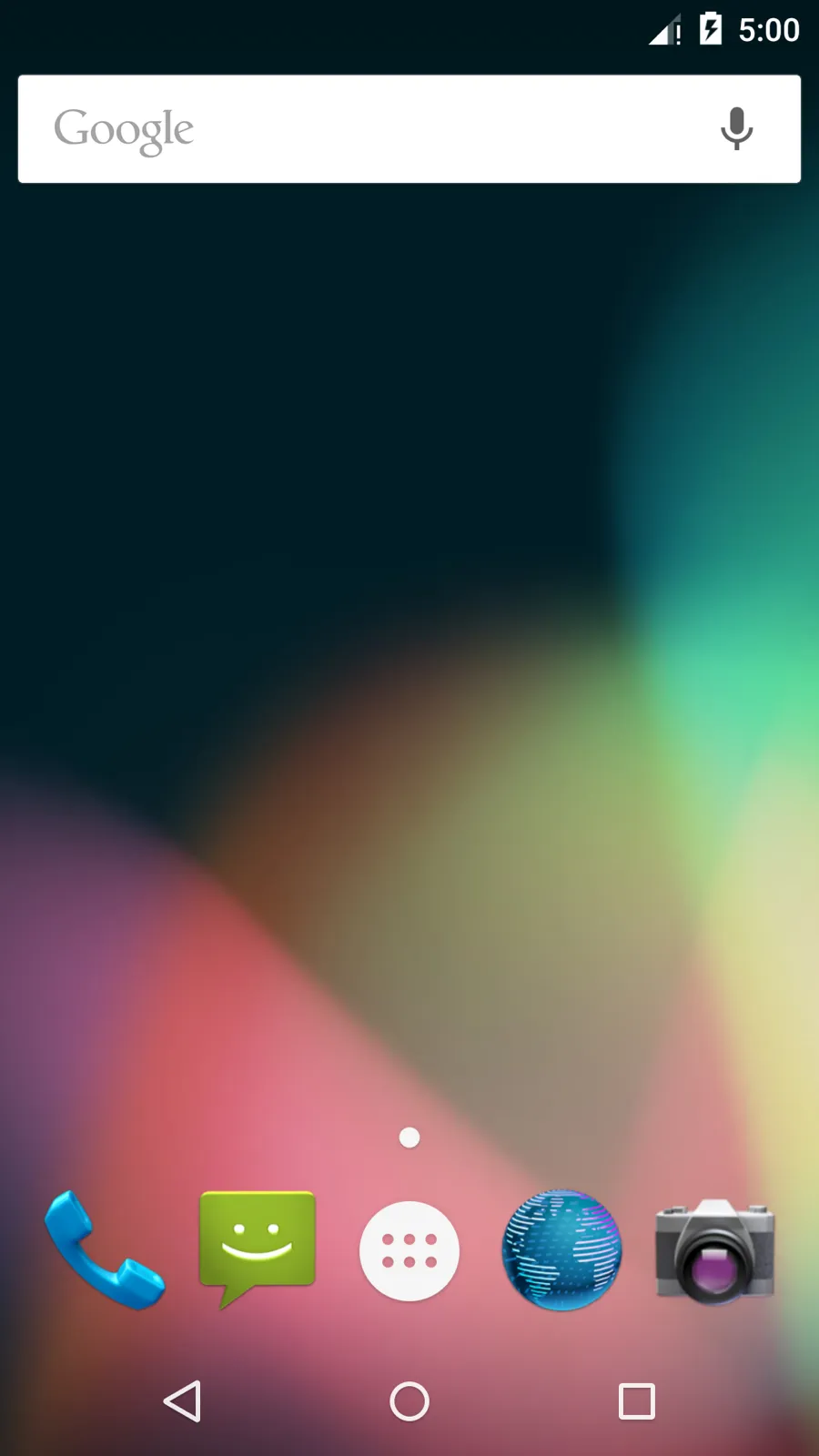 Android 5.1.1 home screen on a Nexus 5 emulator: Google search bar at the top, a five-icon dock with the round app-drawer button in the middle, and the back, home and recents keys at the bottom