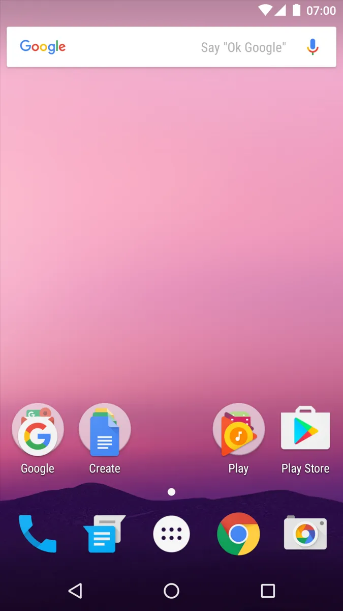 The Android 7.0 home screen: a Google search bar at the top, a pink and purple wallpaper with a mountain silhouette, app icons for Google, Create, Play and Play Store, and a dock with Phone, Messages, the app drawer, Chrome and Camera above the back, home and recents buttons