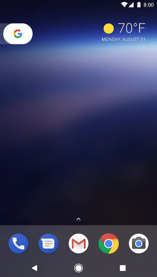 The Android 8.0 home screen on a Pixel: a Google search pill at the top left, the weather and the date, Monday, August 21, at the top right, a dark blue wallpaper, and a dock with Phone, Messages, Gmail, Chrome and Camera above the back, home and recents buttons
