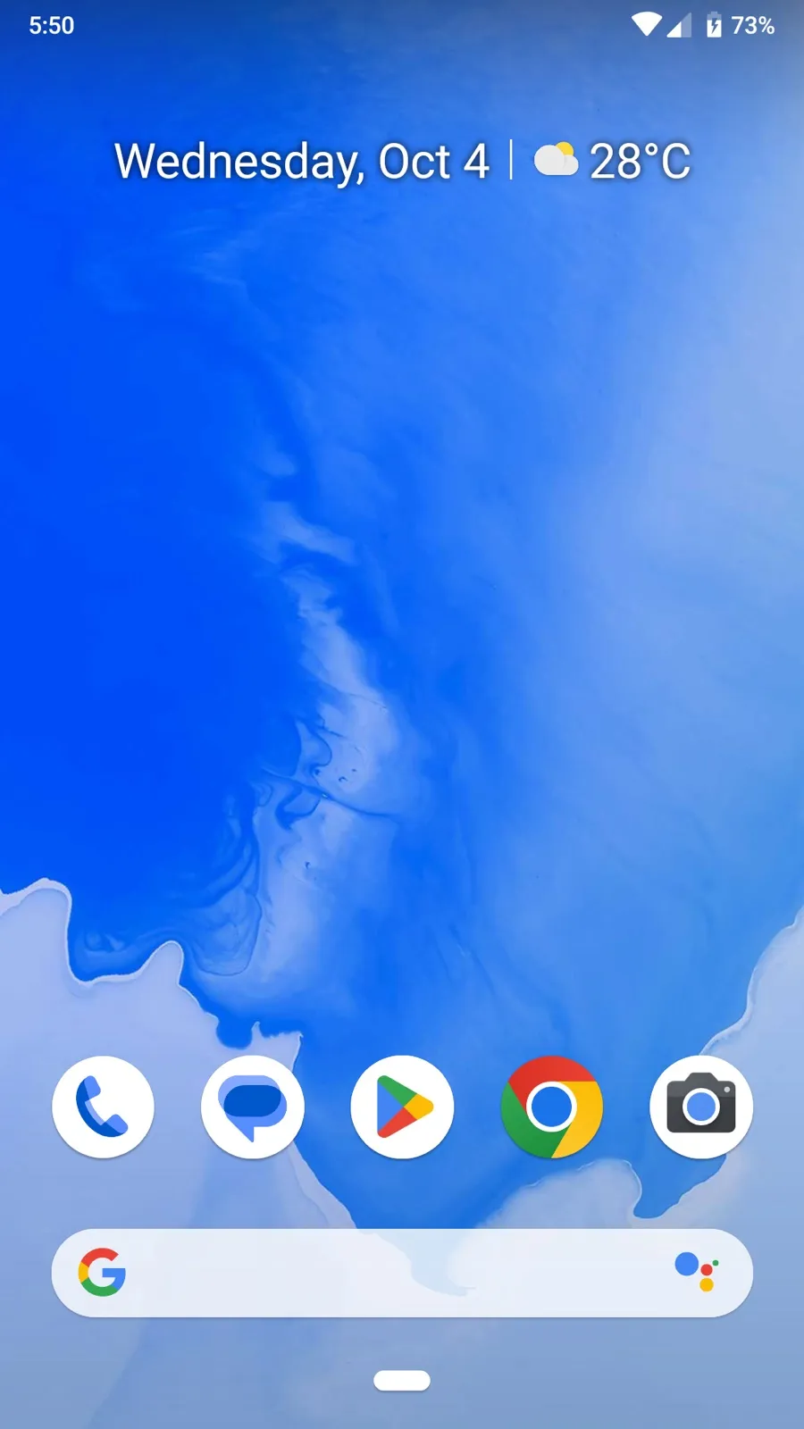 The Android 9 home screen with the Pixel Launcher: the date and weather at the top, a blue wallpaper, a dock with Phone, Messages, Play Store, Chrome and Camera, a Google search bar, and a single pill-shaped home button at the bottom with no back or recents button
