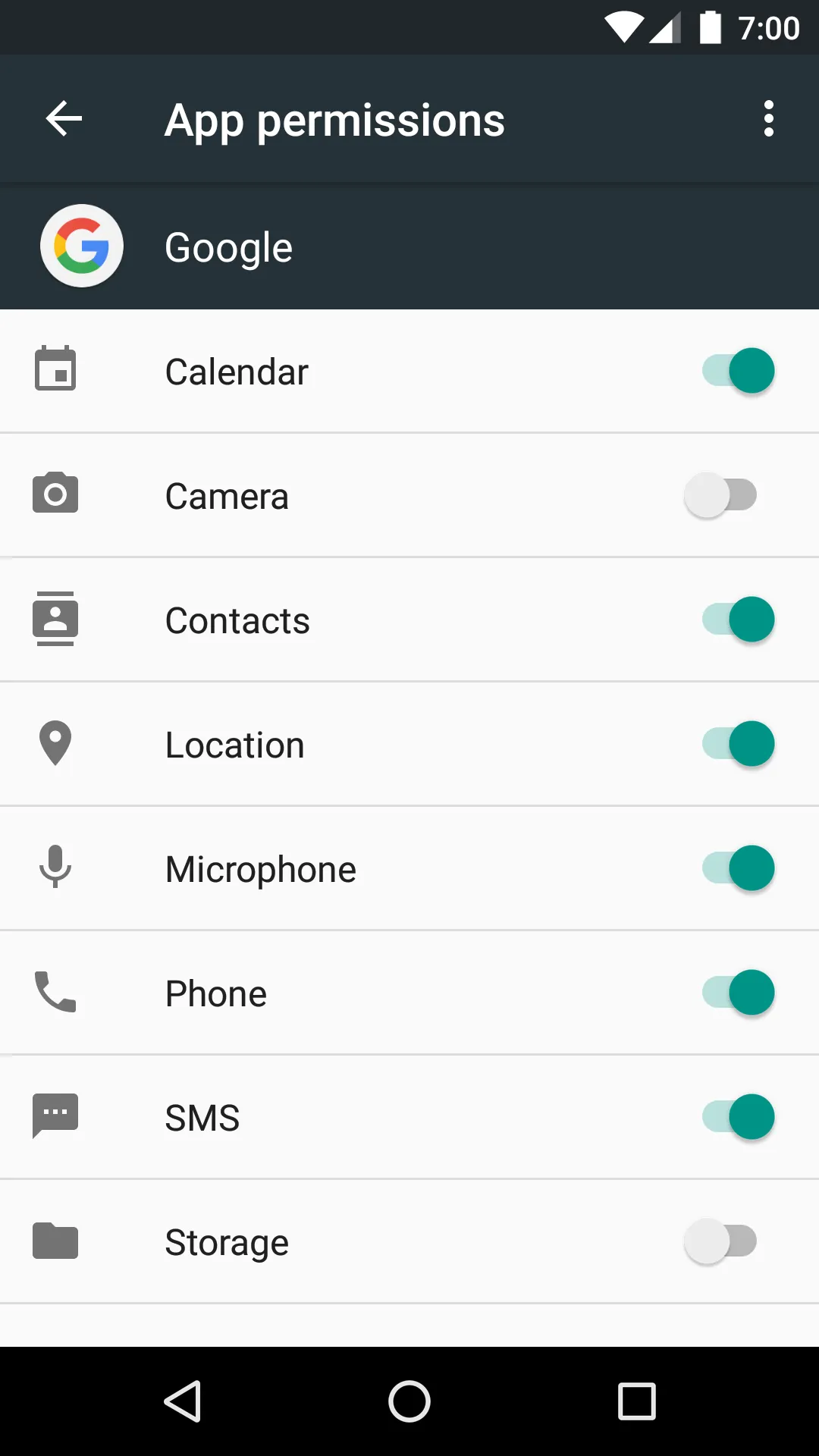 The App permissions screen in Settings, with one switch per group: Calendar, Camera, Contacts, Location, Microphone, Phone, SMS and Storage