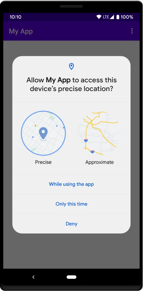 A location permission dialog with two choices, Precise and Approximate, above the buttons While using the app, Only this time, and Deny