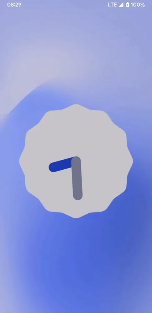 The Easter egg: a grey scalloped clock face with two hands, on a blue gradient background, under the status bar
