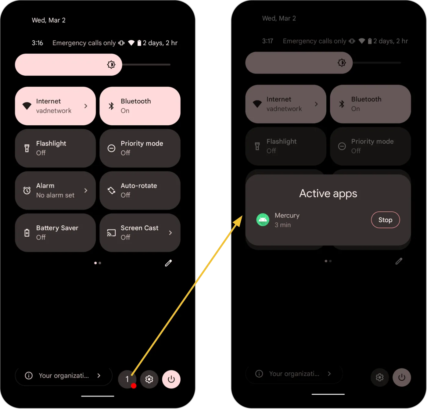 Two Quick Settings screens: the first has a button reading 1 at the bottom; tapping it opens an Active apps list with a Stop button next to an app