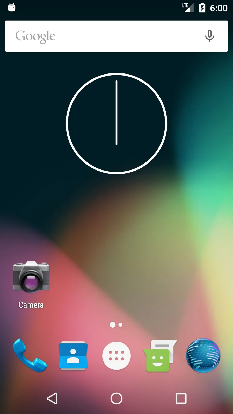 The Android 6.0 home screen in the emulator: a Google search bar, a clock widget, a Camera shortcut and a dock with Phone, Contacts, the app drawer, Messaging and Browser