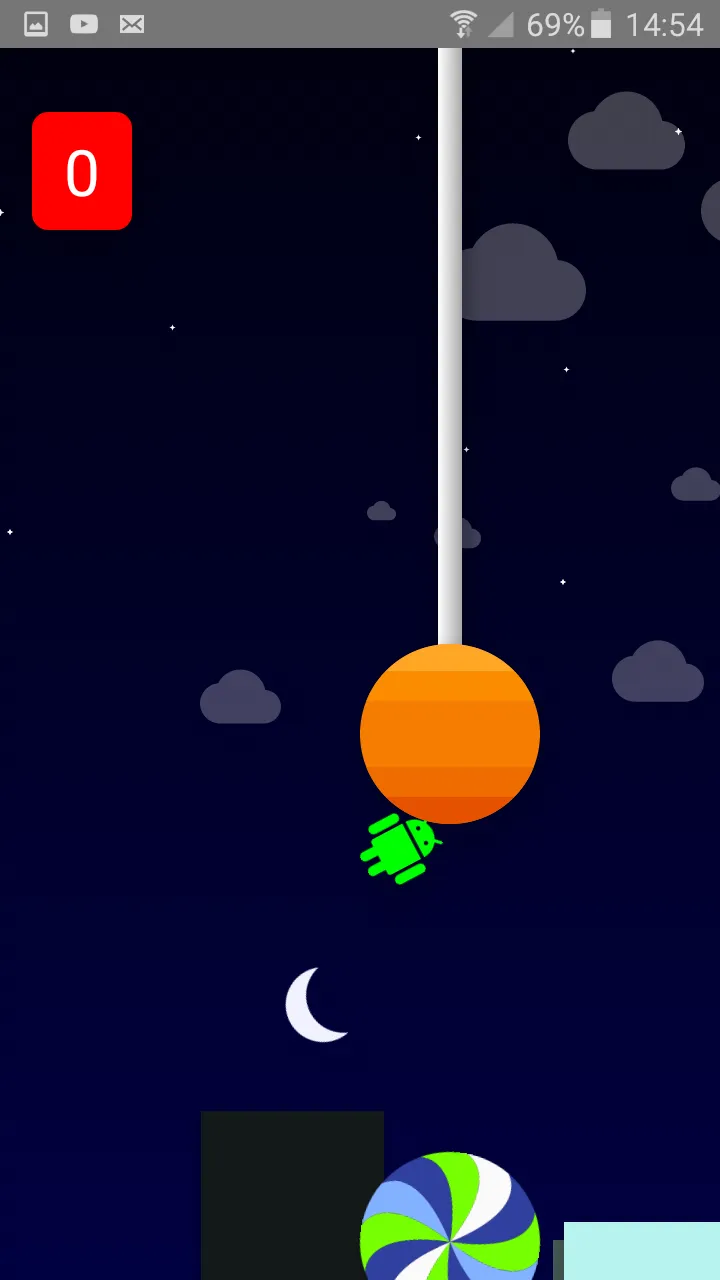 L Land on Android 5.0: the green Android robot flies past an orange lollipop hanging from the top of a night sky, with the score 0 in a red box