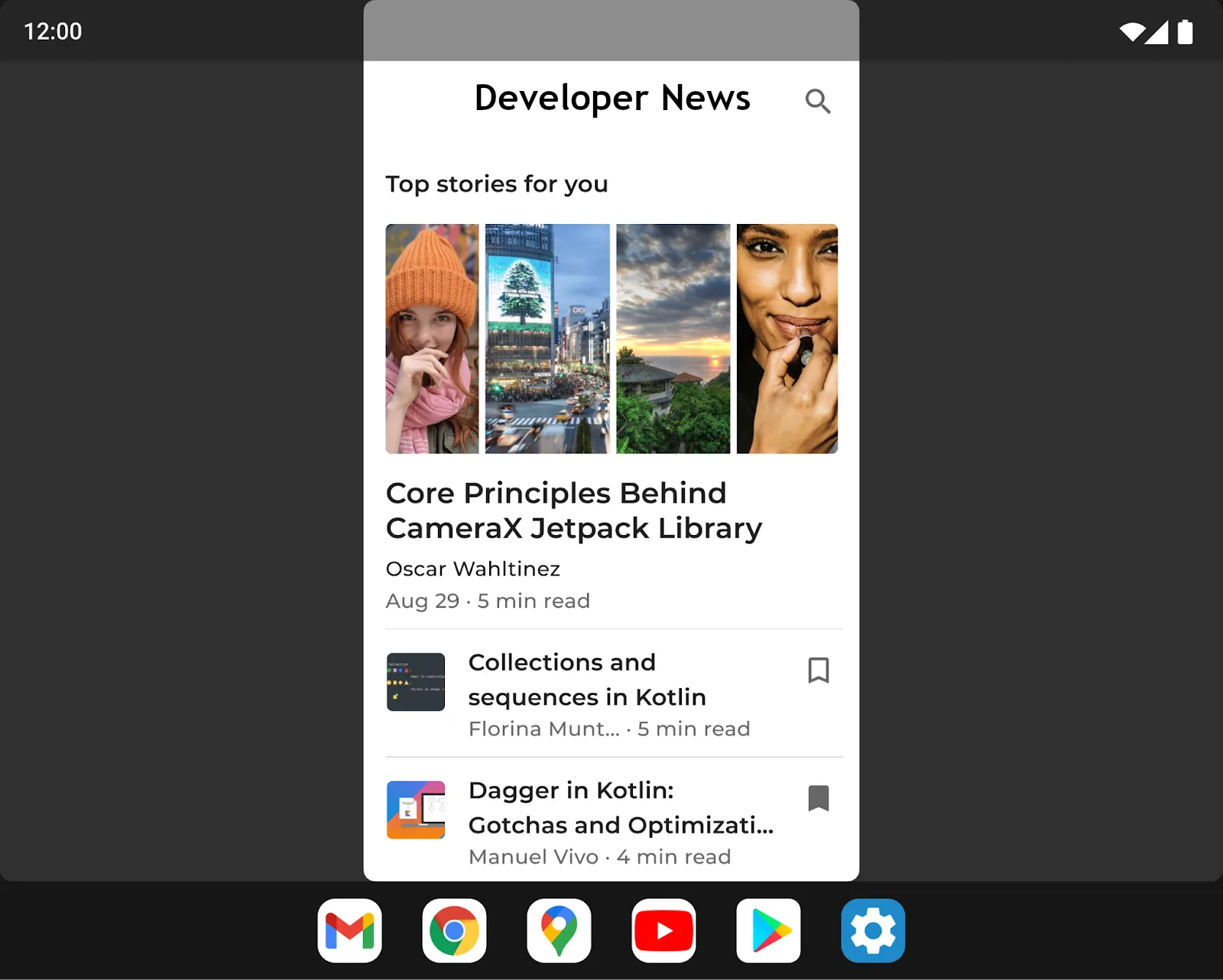 A portrait news app letterboxed in the middle of a landscape tablet screen, with a taskbar of six app icons along the bottom