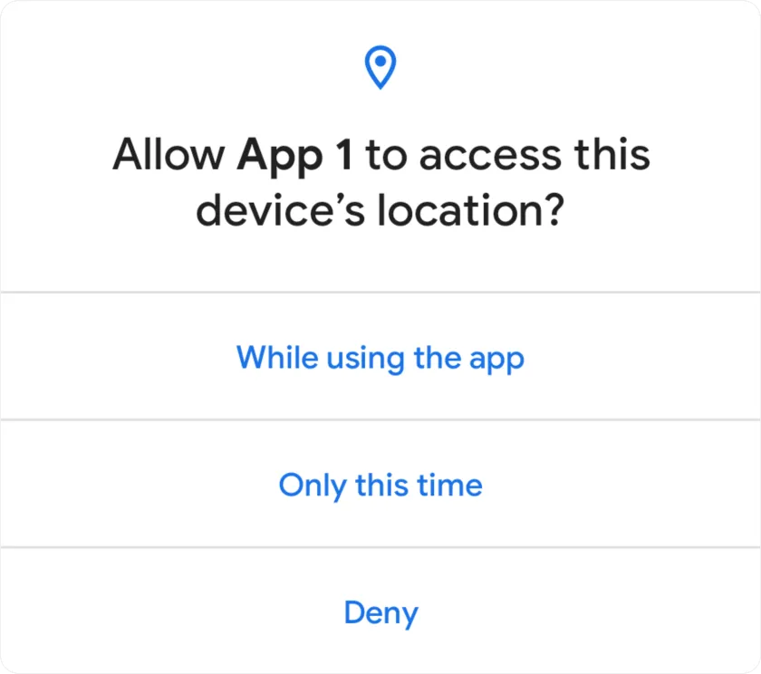 A location permission dialog with three buttons: While using the app, Only this time, and Deny