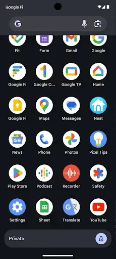 An Android launcher app drawer with a locked container labelled Private at the bottom
