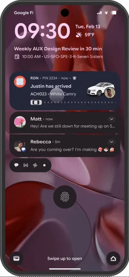 A lock screen with a ride-share notification at the top, showing a progress bar with a car icon