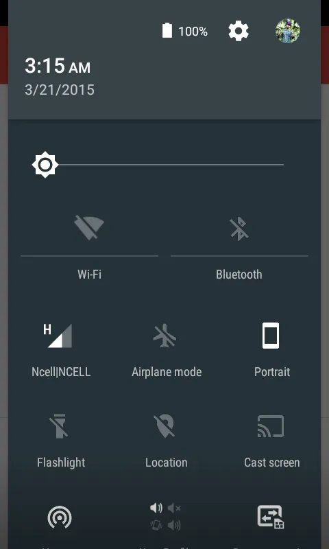 The Android 5.0 Quick Settings panel: brightness slider, Wi-Fi, Bluetooth, mobile network, Airplane mode, Portrait, Flashlight, Location and Cast screen tiles, and the user avatar in the top corner