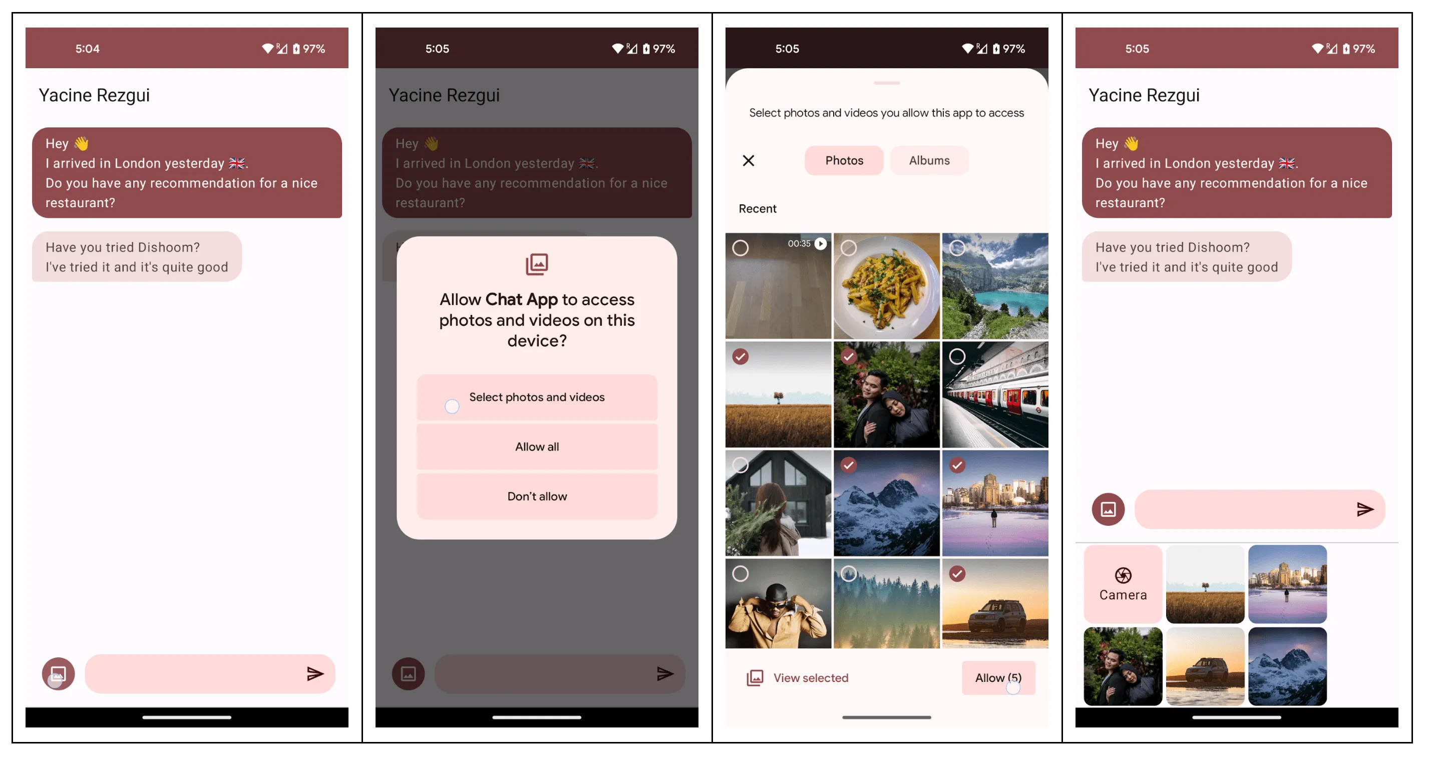 Four phone screens: a chat app, the dialog with Select photos and videos, Allow all and Don't allow, a picker with five photos chosen, and the chat app showing only those photos