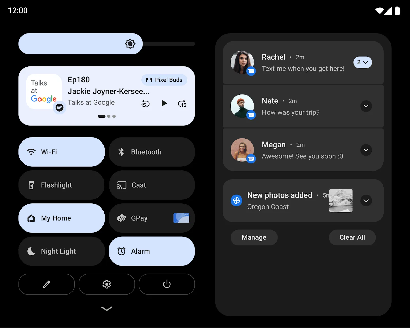 The 12L notification shade on a large screen: Quick Settings tiles and a media player in the left column, conversation notifications in the right column