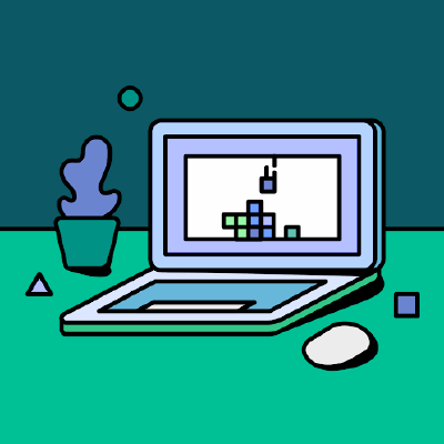 Illustrated avatar: a laptop on a desk beside a plant, with a small block-stacking game on screen.